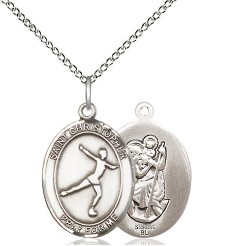 Sterling Silver 3/4in Figure Skating St Christopher Medal & 18in Chain