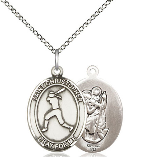 Sterling Silver 3/4in St Christopher Softball Player Medal & 18in Chain