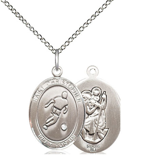 Sterling Silver 3/4in St Christopher Soccer Player Medal & 18in Chain