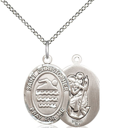 Sterling Silver 3/4in St Christopher and Swimmer Medal & 18in Chain
