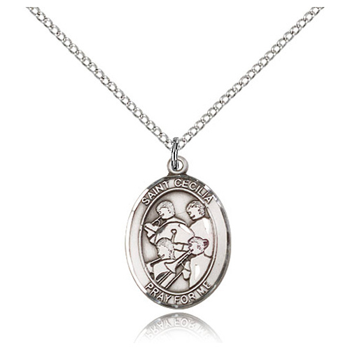 Sterling Silver 3/4in St Cecilia Band Medal & 18in Chain