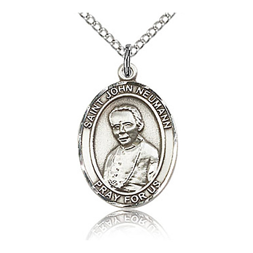 Sterling Silver 3/4in St John Neumann Medal & 18in Chain