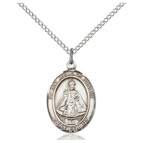 Sterling Silver 3/4in Oval Infant of Prague Medal & 18in Chain