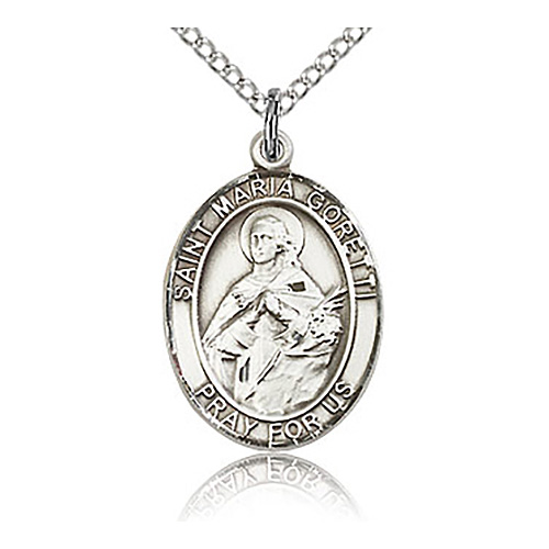 Sterling Silver 3/4in St Maria Goretti Medal & 18in Chain