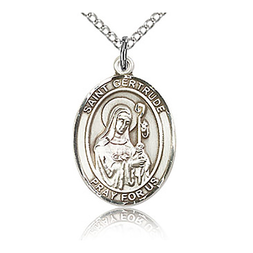 Sterling Silver 3/4in St Gertrude Medal & 18in Chain