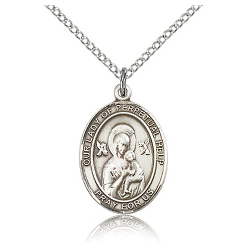 Sterling Silver 3/4in Lady of Perpetual Help Medal & 18in Chain