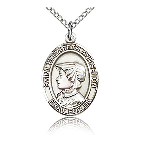 Sterling Silver 3/4in St Elizabeth Ann Seton Medal & 18in Chain