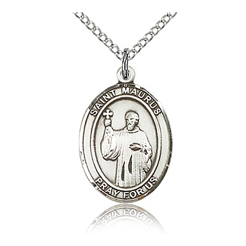 Sterling Silver 3/4in St Maurus Medal & 18in Chain