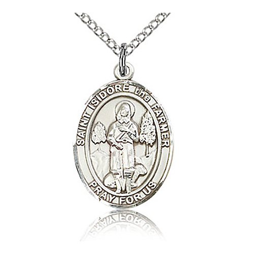 Sterling Silver 3/4in St Isidore the Farmer Medal & 18in Chain