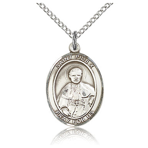 Sterling Silver 3/4in St Pius X Medal & 18in Chain