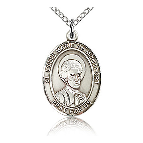 Sterling Silver 3/4in St Louis de Montfort Medal & 18in Chain