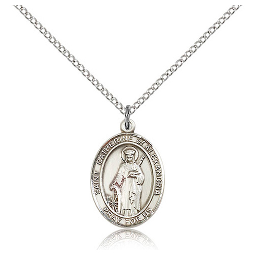 Sterling Silver 3/4in St Catherine of Alexandria Medal & 18in Chain