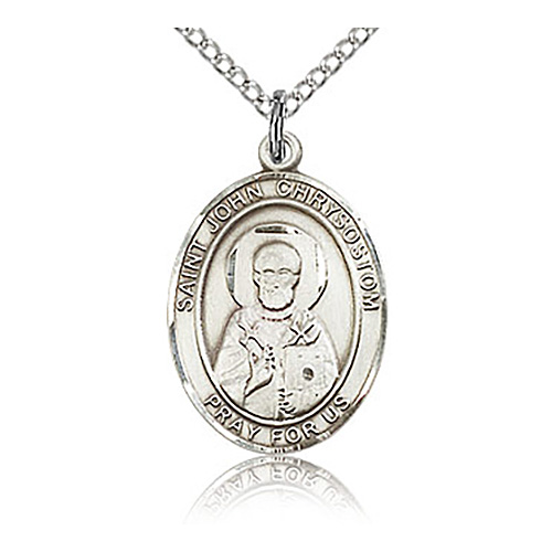 Sterling Silver 3/4in St John Chrysostom Medal & 18in Chain