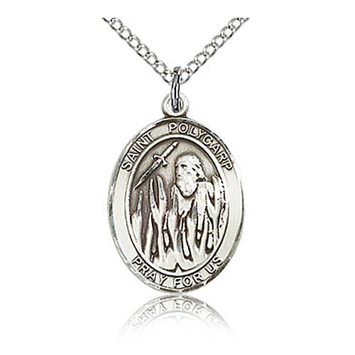 Sterling Silver 3/4in St Polycarp Medal & 18in Chain