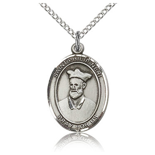 Sterling Silver 3/4in St Philip Neri Medal & 18in Chain