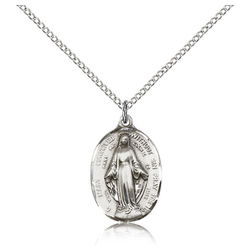 Sterling Silver 7/8in Immaculate Conception Pendant & 18in Chain
