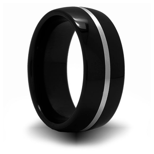 8mm Black Ceramic Domed Ring with Sterling Silver Inlay