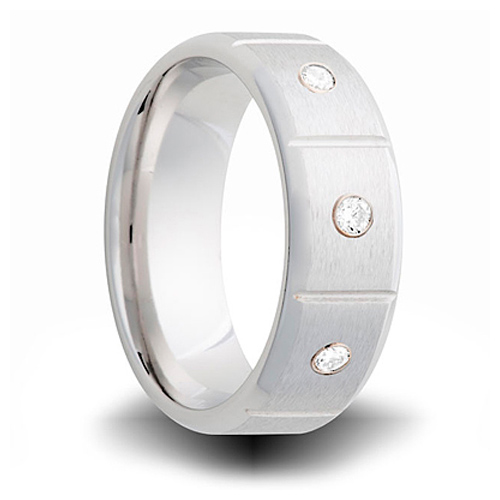 Cobalt 8mm Brushed Ring with 3 Diamond Accents and Panels