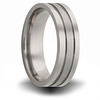 Titanium 8mm Pipe Cut Ring with Grooves and Brushed Center