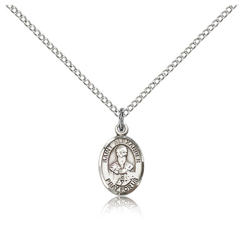 Sterling Silver 1/2in St Alexander Charm & 18in Chain
