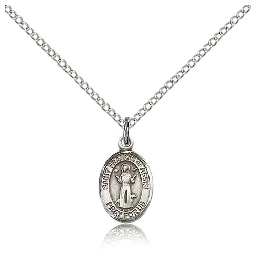 Sterling Silver 1/2in Oval St Francis Charm & 18in Chain