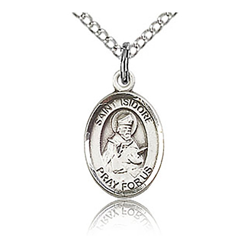 Sterling Silver 1/2in St Isidore of Seville Charm & 18in Chain