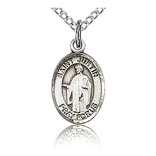 Sterling Silver 1/2in St Justin Charm & 18in Chain