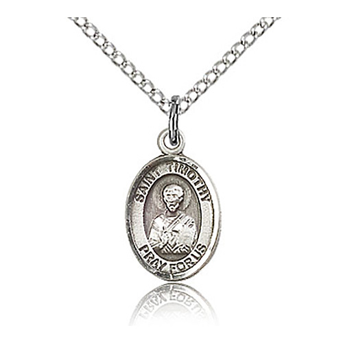 Sterling Silver 1/2in St Timothy Charm & 18in Chain