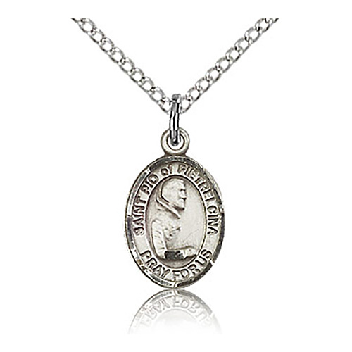 Sterling Silver 1/2in St Pio Charm & 18in Chain
