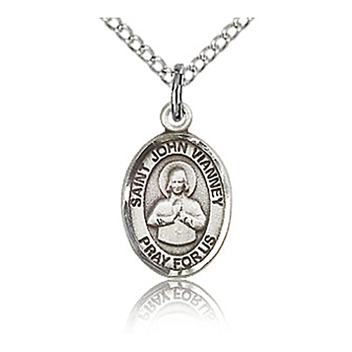 Sterling Silver 1/2in St John Vianney Charm & 18in Chain