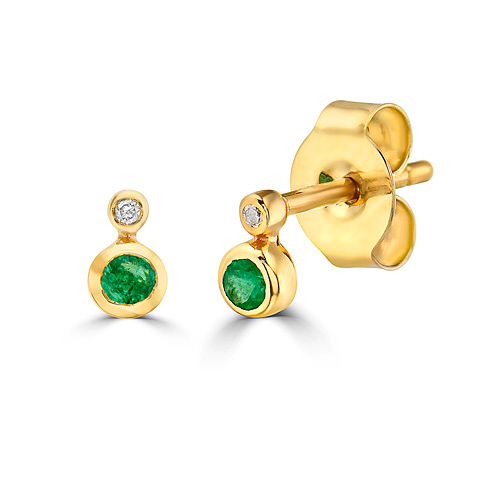 14k Yellow Gold 0.06 ct tw Emerald Stud Earrings With Diamond Accents