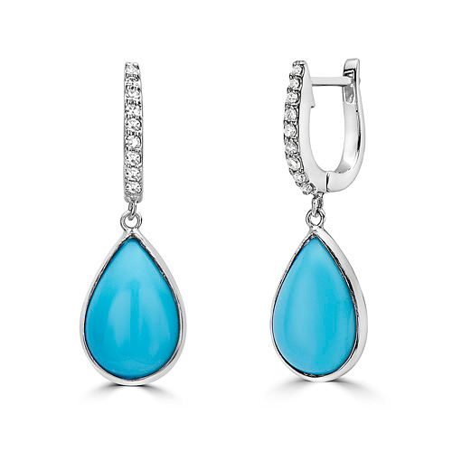 14k White Gold 5 ct tw Teardrop Turquoise Leverback Earrings With Diamonds