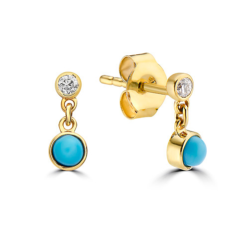 14k Yellow Gold Round Turquoise Bezel Dangle Earrings With Diamonds
