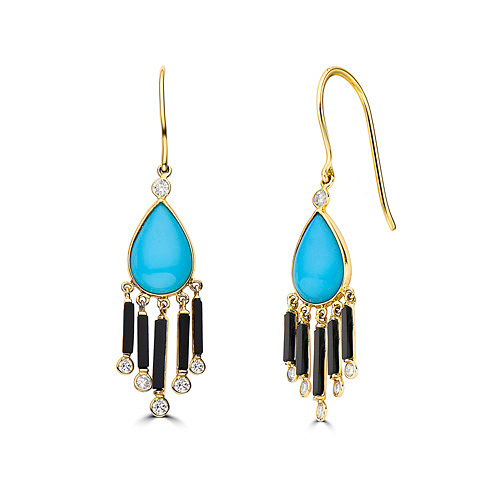 14k Yellow Gold 5 ct tw Teardrop Turquoise Black Onyx Fringe Earrings