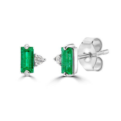 14k White Gold 0.33 ct tw Emerald Stud Earrings With Diamond Accents
