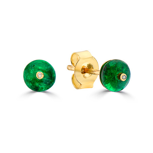 14k Yellow Gold 1.3 ct tw Disc Cut Emerald Stud Earrings With Diamond Accents