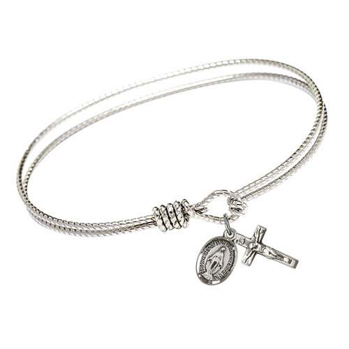Miraculous Medal and Crucifix Charm on 7 1/4in Brass Bangle Bracelet