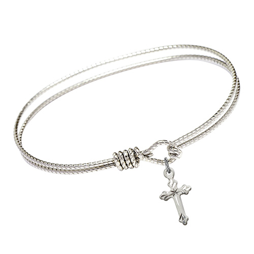 Sterling Silver Budded Cross Charm on 7 1/4in Brass Bangle Bracelet