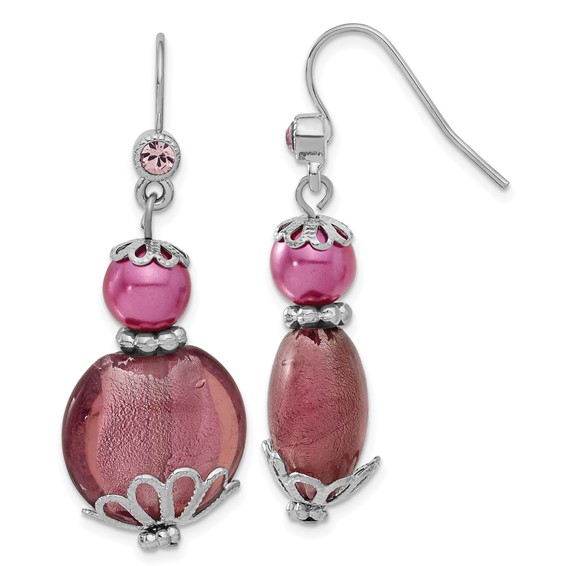 Silver-tone Purple Crystal with Purple Beads Dangle Earrings