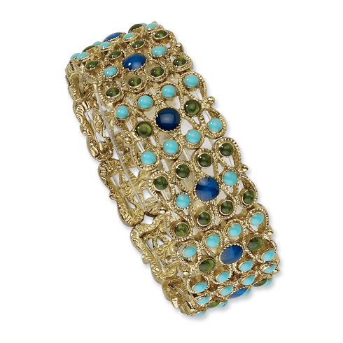 Brass-tone Blue and Green Crystal Aqua Enamel Stretch Bracelet