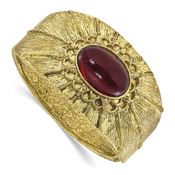 1928 Brass-tone Red Crystal Hinged Cuff Bangle