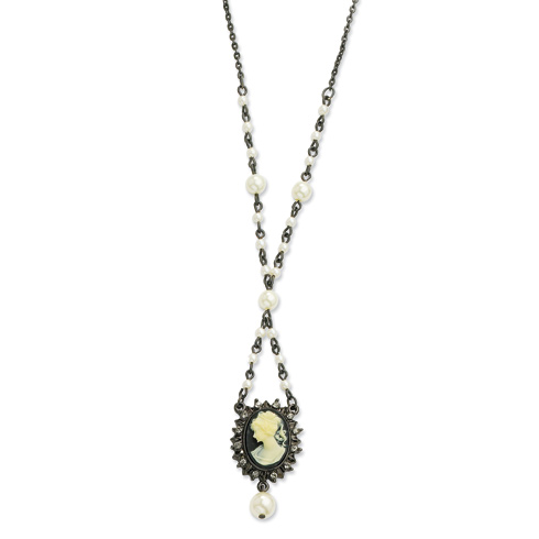 Cameo Black Crystal Cultura Glass Pearl 18in Necklace