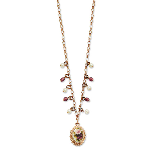 Rose-tone Cultura Glass Pearl Purple Crystal Floral Decal Necklace