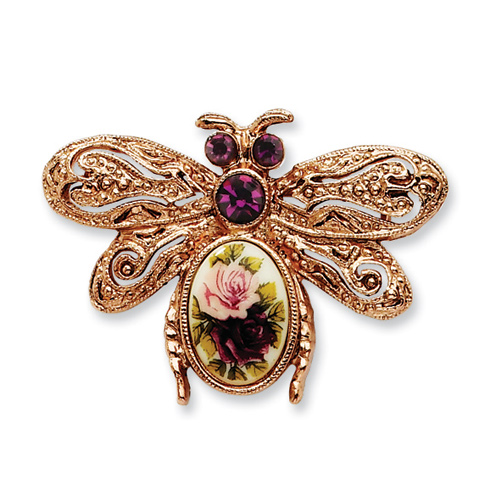 Rose-tone Dark Purple Crystal Floral Decal Bee Pin