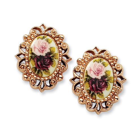 Rose-tone Floral Decal Oval Post Earrings