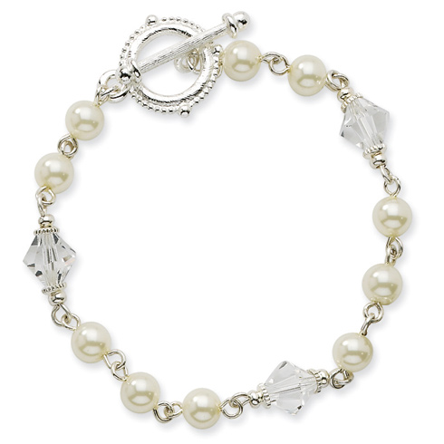 Silver-tone Cultura Glass Pearl and Crystal Toggle Bracelet