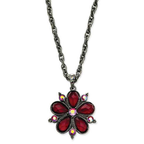Black-plated Red Aurora Borealis Crystal Flower 16in Necklace