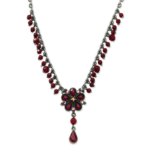 Black-plated Red Aurora Borealis Crystal Flower 16in Necklace