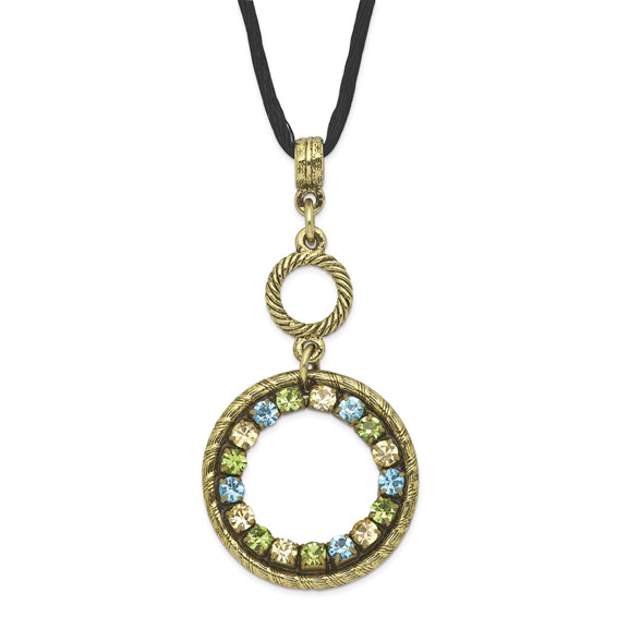 Brass-tone Blue Green and Light Colorado Crystal Circle 16in Necklace  