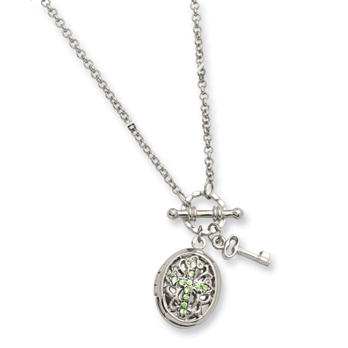 Silver-tone Light Green Crystal Cross Locket 24in Necklace